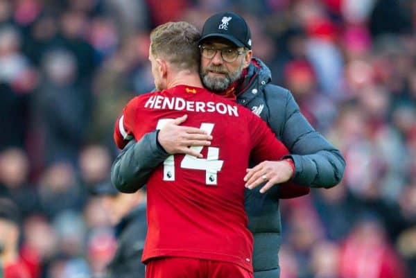 LIVERPOOL, ENGLAND - Saturday, December 14, 2019: Liverpool's manager Jürgen Klopp celebrates with captain Jordan Henderson after the FA Premier League match between Liverpool FC and Watford FC at Anfield. Liverpool won 2-0. (Pic by Richard Roberts/Propaganda)