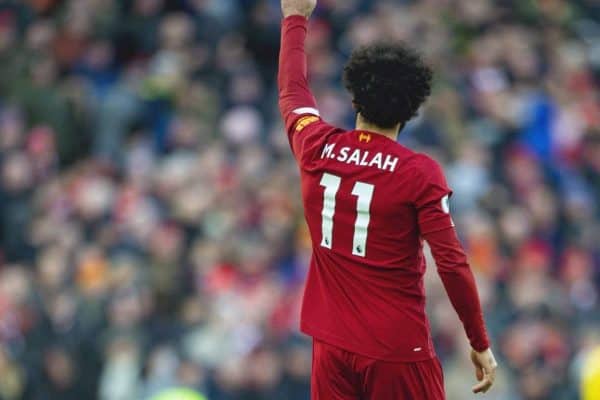 LIVERPOOL, ENGLAND - Saturday, December 14, 2019: Liverpool's Mohamed Salah celebrates scoring the second goal during the FA Premier League match between Liverpool FC and Watford FC at Anfield. (Pic by Richard Roberts/Propaganda)