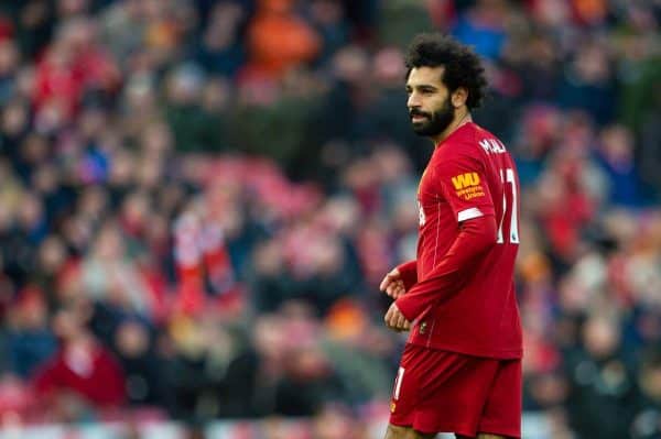 LIVERPOOL, ENGLAND - Saturday, December 14, 2019: Liverpool's Mohamed Salah celebrates scoring the second goal during the FA Premier League match between Liverpool FC and Watford FC at Anfield. (Pic by Richard Roberts/Propaganda)