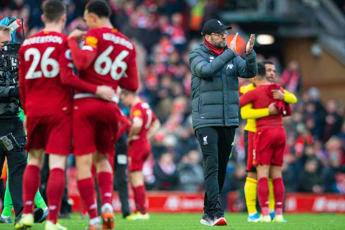 LIVERPOOL, ENGLAND - Saturday, December 14, 2019: Liverpool's manager Jürgen Klopp celebrates after the FA Premier League match between Liverpool FC and Watford FC at Anfield. Liverpool won 2-0. (Pic by Richard Roberts/Propaganda)