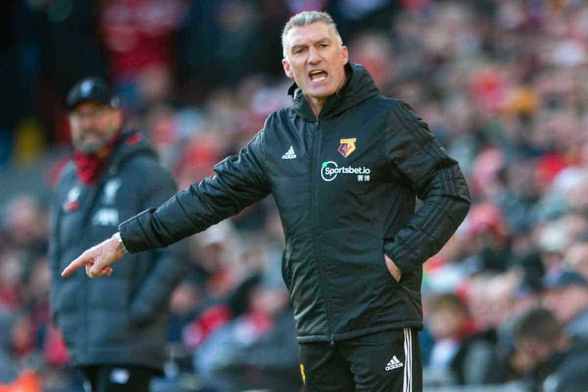 LIVERPOOL, ENGLAND - Saturday, December 14, 2019: Watford's manager Nigel Pearson during the FA Premier League match between Liverpool FC and Watford FC at Anfield. (Pic by Richard Roberts/Propaganda)