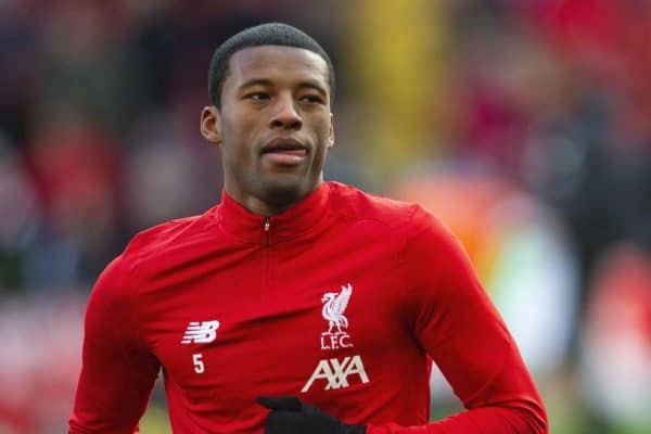 LIVERPOOL, ENGLAND - Saturday, December 14, 2019: Liverpool's Georginio Wijnaldum during the pre-match warm-up before the FA Premier League match between Liverpool FC and Watford FC at Anfield. (Pic by Richard Roberts/Propaganda)