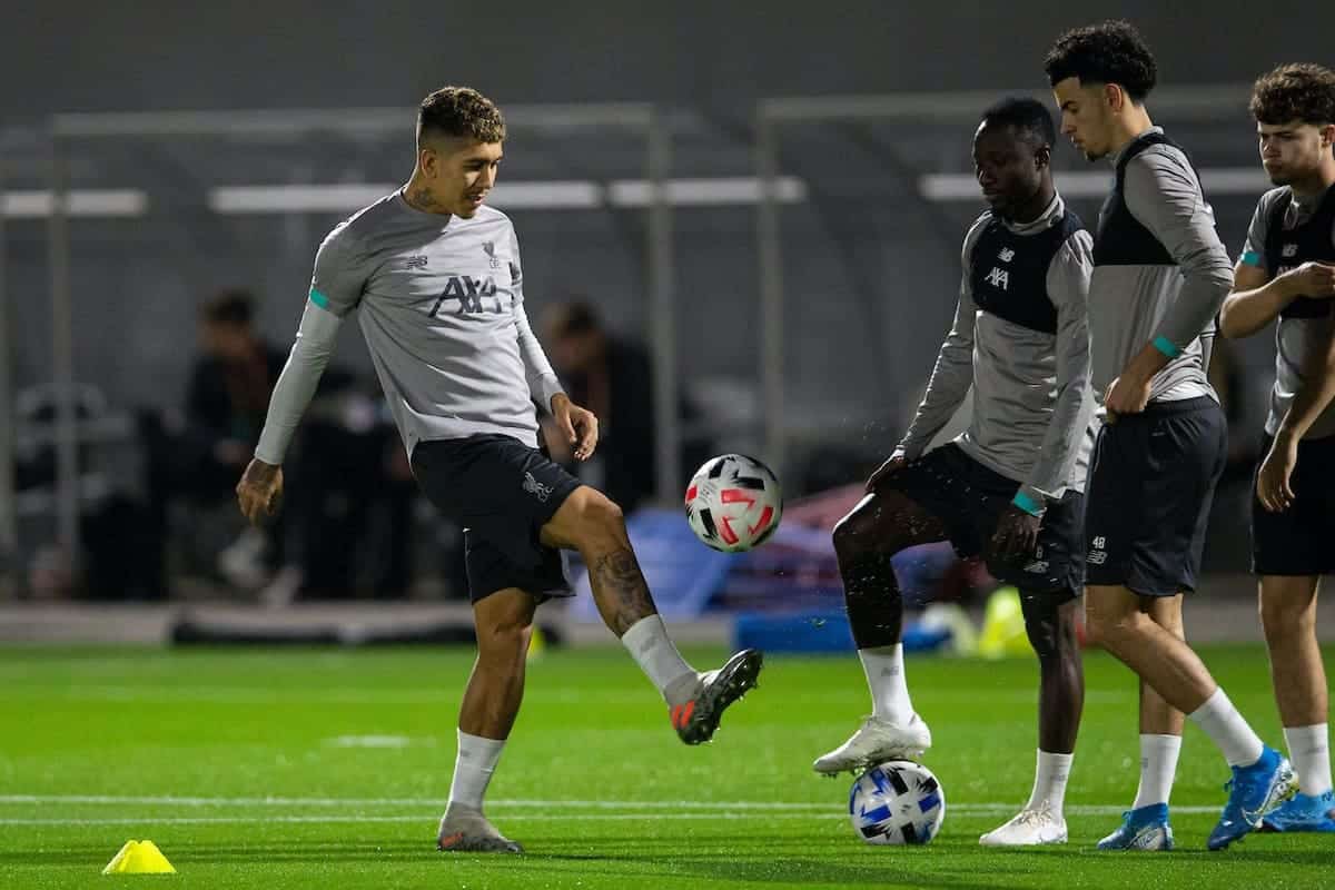 DOHA, QATAR - Monday, December 16, 2019: Liverpool's Roberto Firmino (L) during a training session ahead of the FIFA Club World Cup Semi-Final match between CF Monterrey and Liverpool FC at the Qatar University. (Pic by David Rawcliffe/Propaganda)