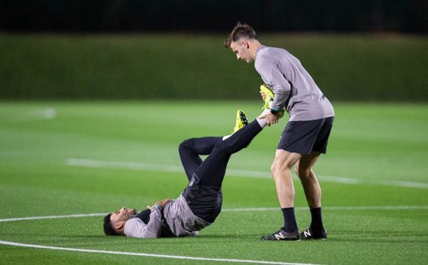 DOHA, QATAR - Monday, December 16, 2019: Liverpool's Alex Oxlade-Chamberlain receives treatment during a training session ahead of the FIFA Club World Cup Semi-Final match between CF Monterrey and Liverpool FC at the Qatar University. (Pic by David Rawcliffe/Propaganda)