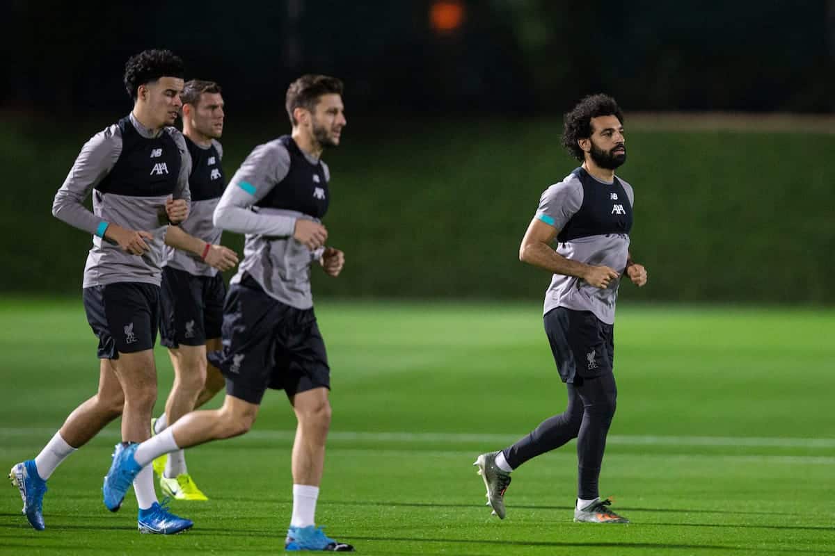 DOHA, QATAR - Monday, December 16, 2019: Liverpool's Mohamed Salah (R) during a training session ahead of the FIFA Club World Cup Semi-Final match between CF Monterrey and Liverpool FC at the Qatar University. (Pic by David Rawcliffe/Propaganda)