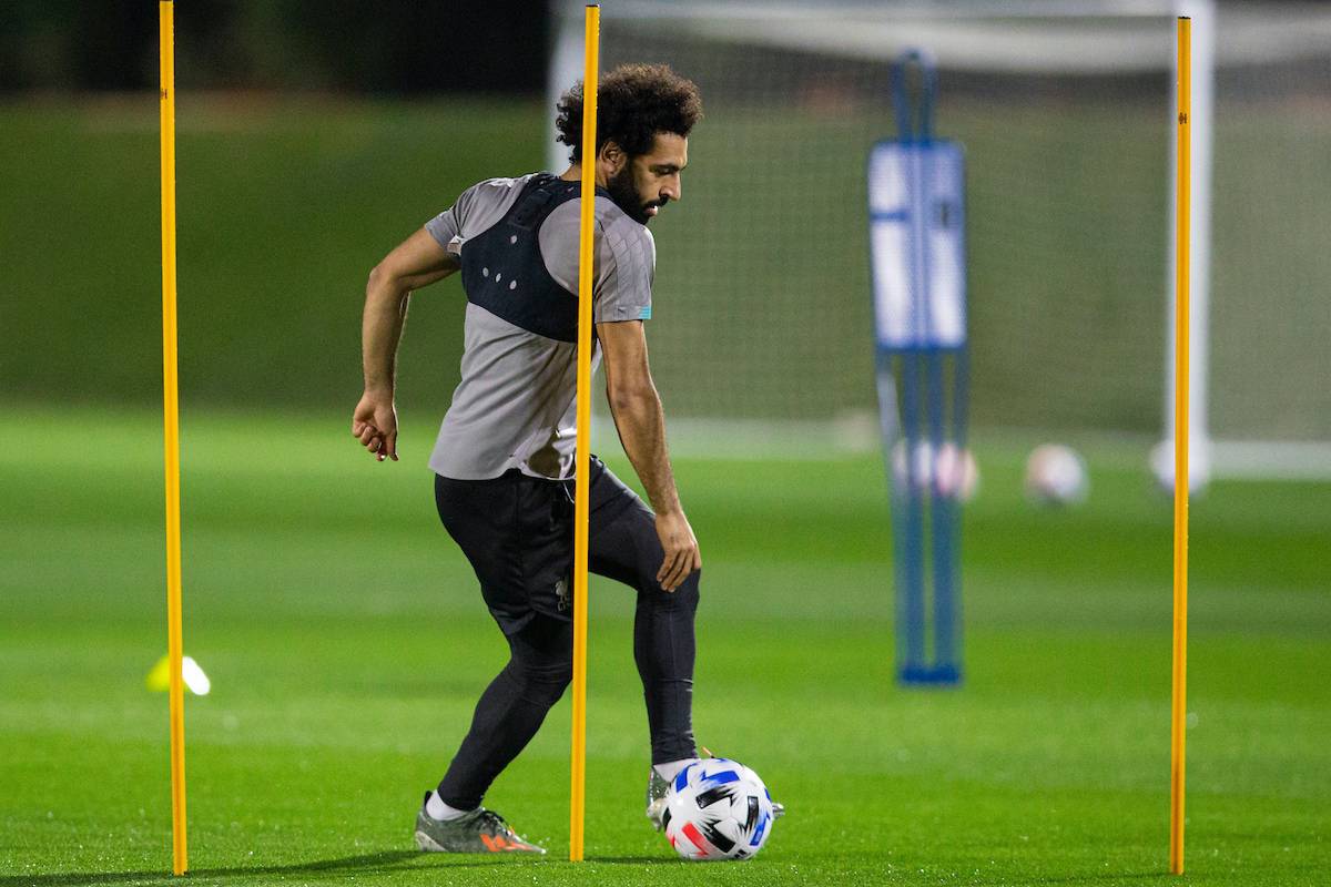 DOHA, QATAR - Monday, December 16, 2019: Liverpool's Mohamed Salah during a training session ahead of the FIFA Club World Cup Semi-Final match between CF Monterrey and Liverpool FC at the Qatar University. (Pic by David Rawcliffe/Propaganda)