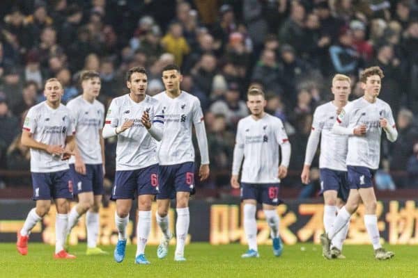 BIRMINGHAM, ENGLAND - Tuesday, December 17, 2019: Liverpool players show a look of dejection after conceding the opening goal during the Football League Cup Quarter-Final between Aston Villa FC and Liverpool FC at Villa Park. (Pic by Paul Greenwood/Propaganda)