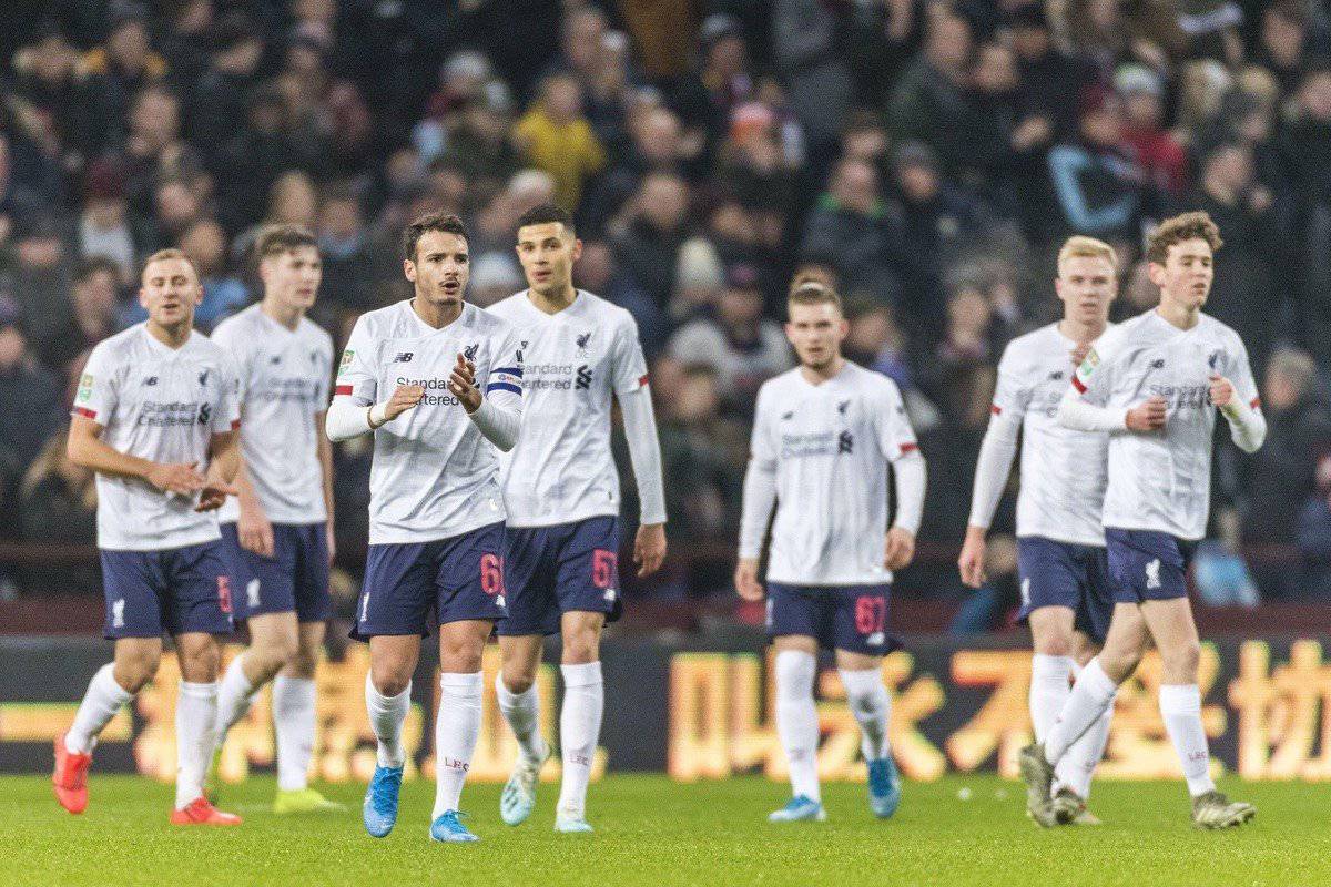 BIRMINGHAM, ENGLAND - Tuesday, December 17, 2019: Liverpool players show a look of dejection after conceding the opening goal during the Football League Cup Quarter-Final between Aston Villa FC and Liverpool FC at Villa Park. (Pic by Paul Greenwood/Propaganda)