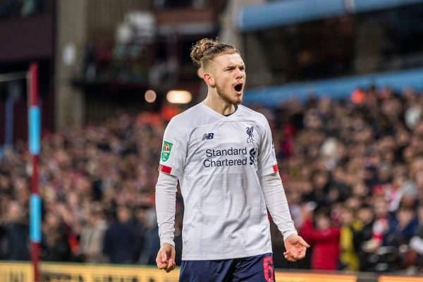 BIRMINGHAM, ENGLAND - Tuesday, December 17, 2019: Liverpool’s Harvey Elliott encourages supporters to make more noise during the Football League Cup Quarter-Final between Aston Villa FC and Liverpool FC at Villa Park. (Pic by Paul Greenwood/Propaganda)