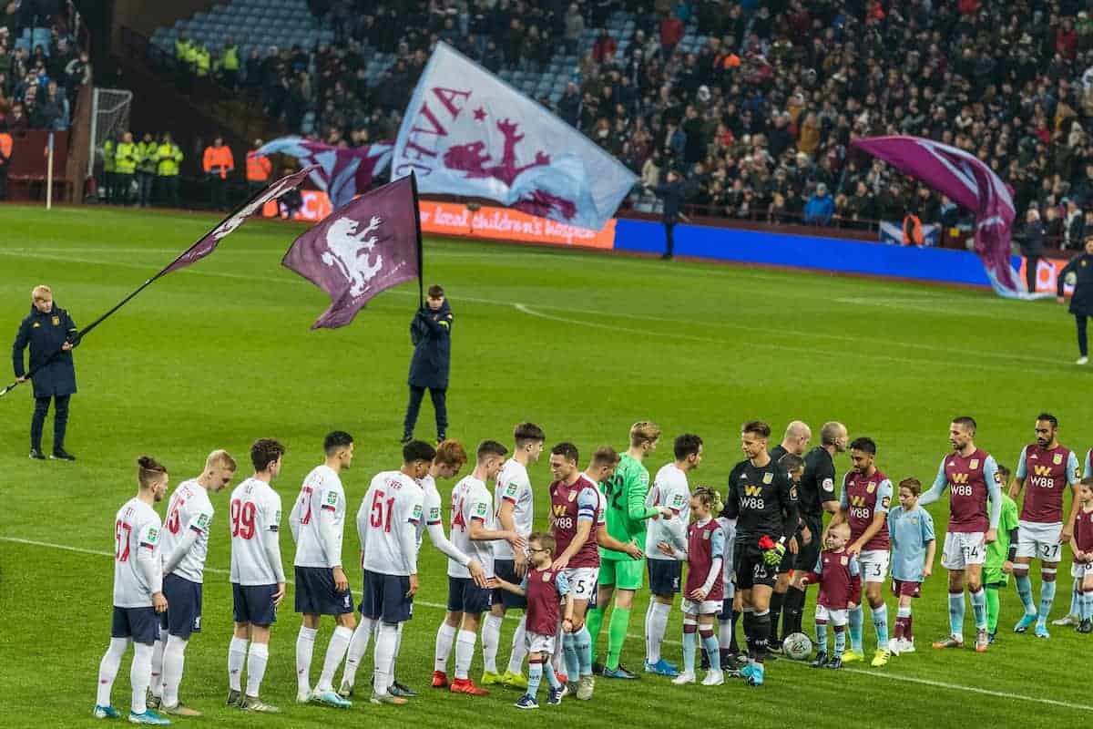 BIRMINGHAM, ENGLAND - Tuesday, December 17, 2019: Aston Villa and Liverpool’s players take part in the fair play handshake before the Football League Cup Quarter-Final between Aston Villa FC and Liverpool FC at Villa Park. (Pic by Paul Greenwood/Propaganda)