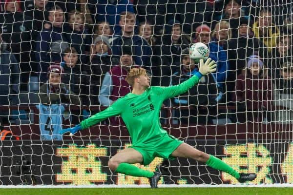 BIRMINGHAM, ENGLAND - Tuesday, December 17, 2019: Liverpool goalkeeper Caoimhin Kelleher concedes the fourth goal during the Football League Cup Quarter-Final between Aston Villa FC and Liverpool FC at Villa Park. (Pic by Paul Greenwood/Propaganda)