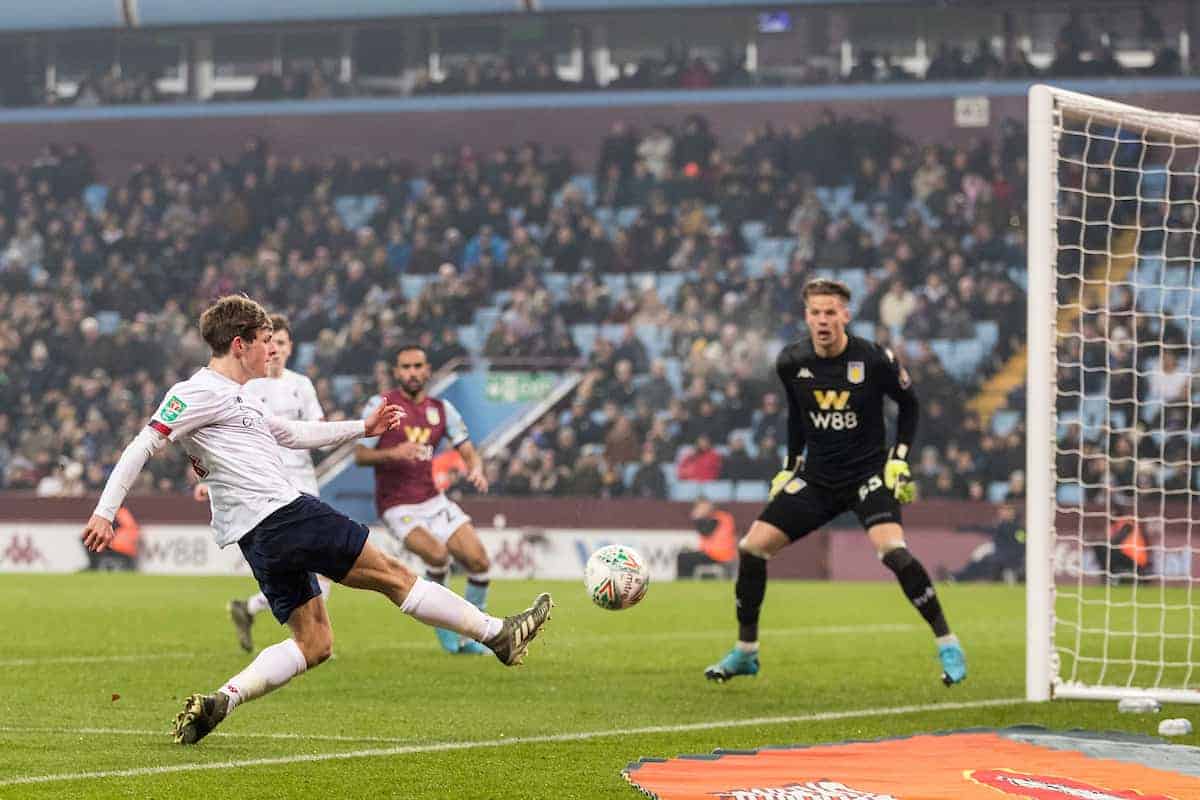 BIRMINGHAM, ENGLAND - Tuesday, December 17, 2019: Liverpool’s Leighton Clarkson shoots at goal during the Football League Cup Quarter-Final between Aston Villa FC and Liverpool FC at Villa Park. (Pic by Paul Greenwood/Propaganda)