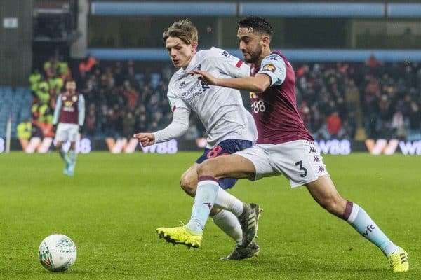 BIRMINGHAM, ENGLAND - Tuesday, December 17, 2019: Liverpool’s Leighton Clarkson competes with Aston Villa’s Neil Taylor during the Football League Cup Quarter-Final between Aston Villa FC and Liverpool FC at Villa Park. (Pic by Paul Greenwood/Propaganda)