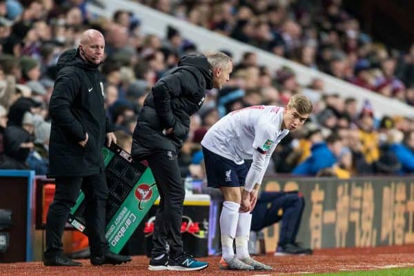 BIRMINGHAM, ENGLAND - Tuesday, December 17, 2019: Liverpool’s manager Neil Critchley speaks with substitute Jack Bearne during the Football League Cup Quarter-Final between Aston Villa FC and Liverpool FC at Villa Park. (Pic by Paul Greenwood/Propaganda)