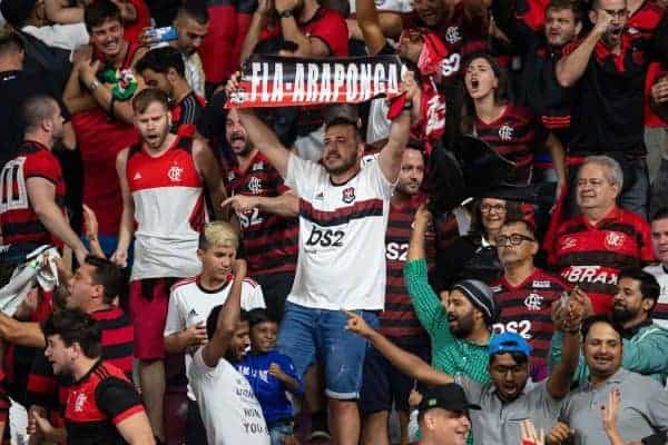 DOHA, QATAR - Tuesday, December 17, 2019: CR Flamengo supporters celebrate their side's first equalising goal during the FIFA Club World Cup Qatar 2019 Semi-Final match between CR Flamengo and Al Hilal FC at the Khalifa Stadium. (Pic by David Rawcliffe/Propaganda)