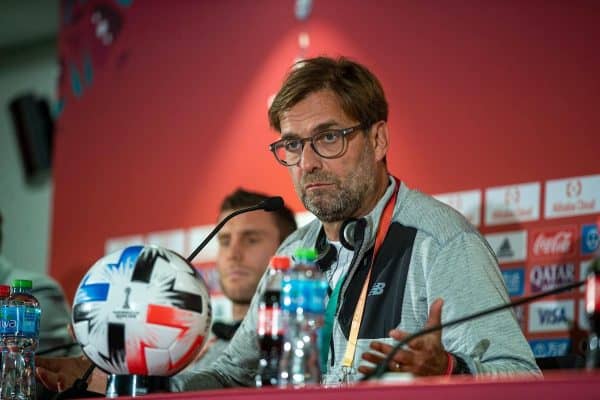 DOHA, QATAR - Tuesday, December 17, 2019: Liverpool's manager Jürgen Klopp during a press conference at the Khalifa Stadium ahead of the FIFA Club World Cup Semi-Final match between CF Monterrey and Liverpool FC. (Pic by David Rawcliffe/Propaganda)