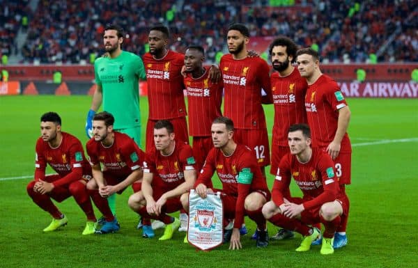 DOHA, QATAR - Wednesday, December 18, 2019: Liverpool's players line-up for a team group photograph before the FIFA Club World Cup Qatar 2019 Semi-Final match between CF Monterrey and Liverpool FC at the Khalifa Stadium. Back row L-R: goalkeeper Alisson Becker, Divock Origi, Naby Keita, Joe Gomez, Mohamed Salah, Xherdan Shaqiri. Front row L-R: Alex Oxlade-Chamberlain, Adam Lallana, James Milner, captain Jordan Henderson, Andy Robertson. (Pic by David Rawcliffe/Propaganda)