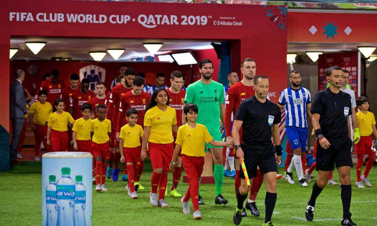 DOHA, QATAR - Wednesday, December 18, 2019: Liverpool's captain Jordan Henderson leads his team out before the FIFA Club World Cup Qatar 2019 Semi-Final match between CF Monterrey and Liverpool FC at the Khalifa Stadium. (Pic by David Rawcliffe/Propaganda)