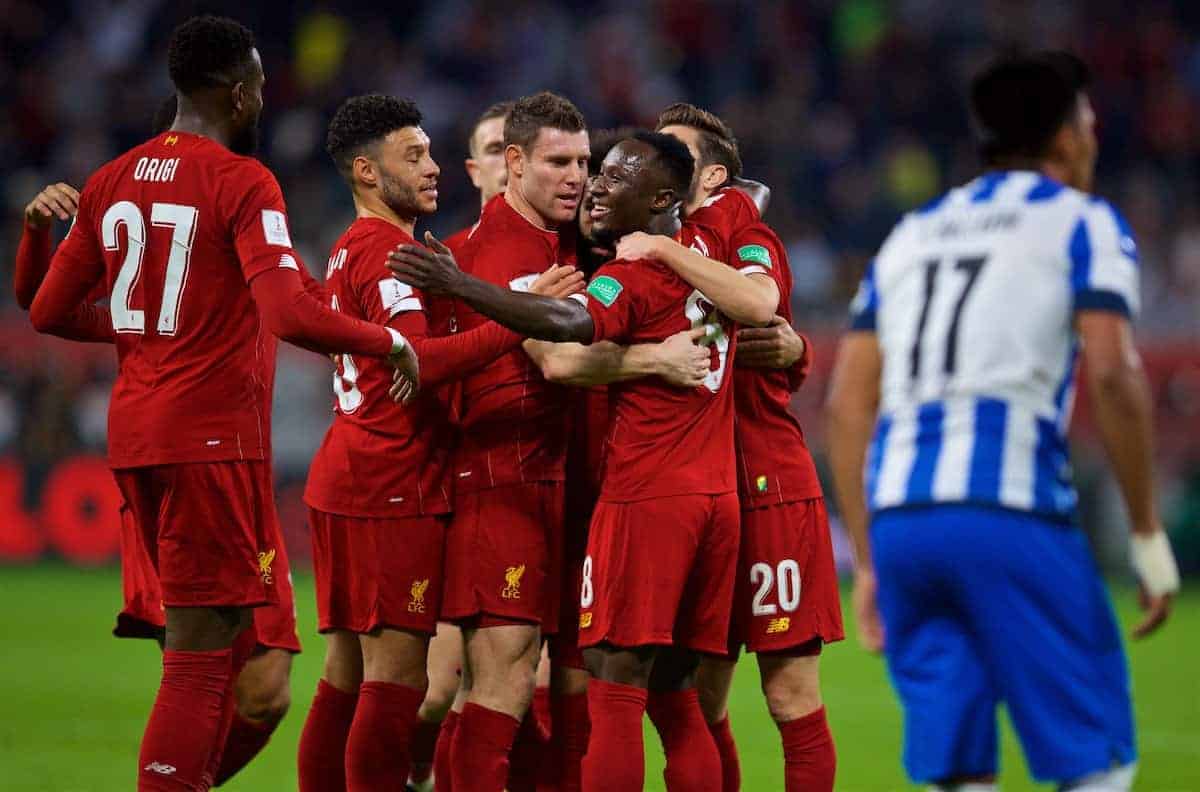 DOHA, QATAR - Wednesday, December 18, 2019: Liverpool's Baby Keita celebrates scoring the first goal with team-mates during the FIFA Club World Cup Qatar 2019 Semi-Final match between CF Monterrey and Liverpool FC at the Khalifa Stadium. (Pic by David Rawcliffe/Propaganda)