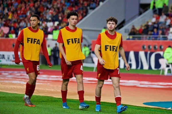 DOHA, QATAR - Wednesday, December 18, 2019: Liverpool substitutes Trent Alexander-Arnold (L), Curtis Jones (C) and Neco Williams (R) during the FIFA Club World Cup Qatar 2019 Semi-Final match between CF Monterrey and Liverpool FC at the Khalifa Stadium. (Pic by David Rawcliffe/Propaganda)