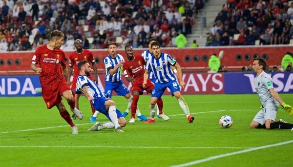 DOHA, QATAR - Wednesday, December 18, 2019: Liverpool's Roberto Firmino celebrates scoring the second goal during the FIFA Club World Cup Qatar 2019 Semi-Final match between CF Monterrey and Liverpool FC at the Khalifa Stadium. (Pic by David Rawcliffe/Propaganda)