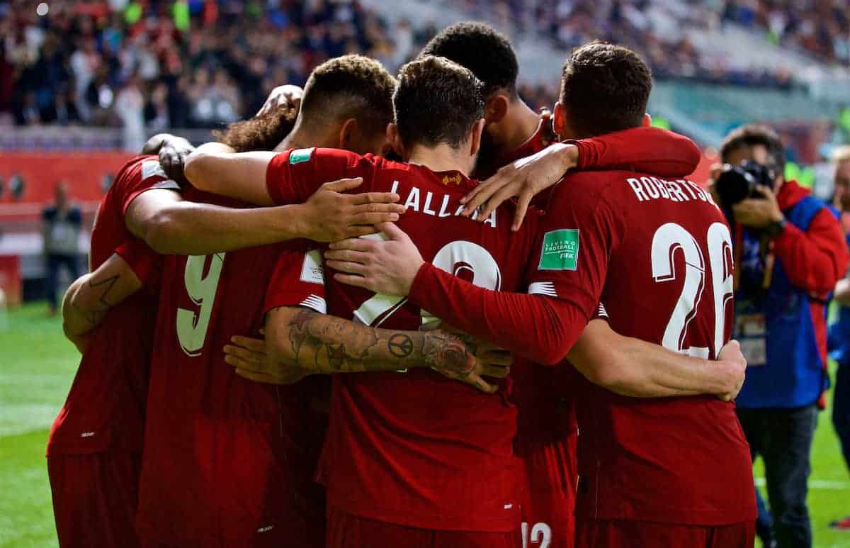 DOHA, QATAR - Wednesday, December 18, 2019: Liverpool's Roberto Firmino celebrates scoring the second goal with team-mates during the FIFA Club World Cup Qatar 2019 Semi-Final match between CF Monterrey and Liverpool FC at the Khalifa Stadium. (Pic by David Rawcliffe/Propaganda)