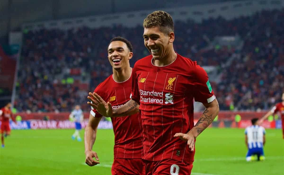 DOHA, QATAR - Wednesday, December 18, 2019: Liverpool's Roberto Firmino (R) celebrates scoring the second goal with team-mate Trent Alexander-Arnold during the FIFA Club World Cup Qatar 2019 Semi-Final match between CF Monterrey and Liverpool FC at the Khalifa Stadium. (Pic by David Rawcliffe/Propaganda)