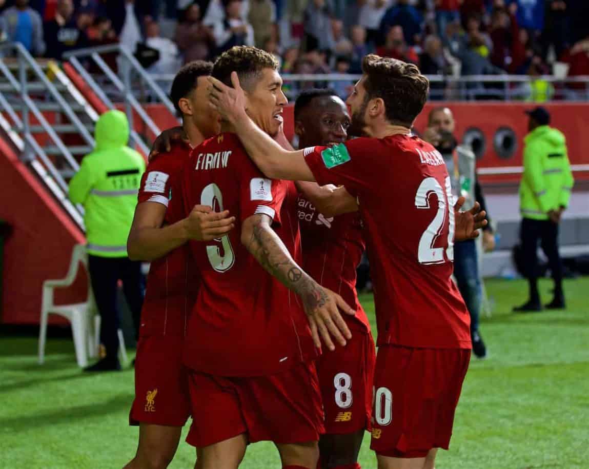 DOHA, QATAR - Wednesday, December 18, 2019: Liverpool's Roberto Firmino celebrates scoring the second goal in injury time with team-mate Adam Lallana during the FIFA Club World Cup Qatar 2019 Semi-Final match between CF Monterrey and Liverpool FC at the Khalifa Stadium. Liverpool won 2-1. (Pic by David Rawcliffe/Propaganda)