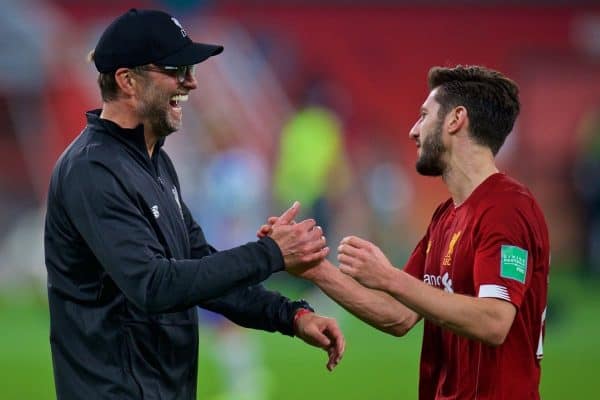 DOHA, QATAR - Wednesday, December 18, 2019: Liverpool's manager Jürgen Klopp (L) celebrates with Adam Lallana after the FIFA Club World Cup Qatar 2019 Semi-Final match between CF Monterrey and Liverpool FC at the Khalifa Stadium. Liverpool won 2-1. (Pic by Peter Powell/Propaganda)