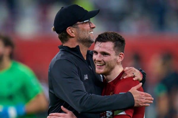 DOHA, QATAR - Wednesday, December 18, 2019: Liverpool's manager Jürgen Klopp (L) celebrates with Andy Robertson after the FIFA Club World Cup Qatar 2019 Semi-Final match between CF Monterrey and Liverpool FC at the Khalifa Stadium. Liverpool won 2-1. (Pic by Peter Powell/Propaganda)