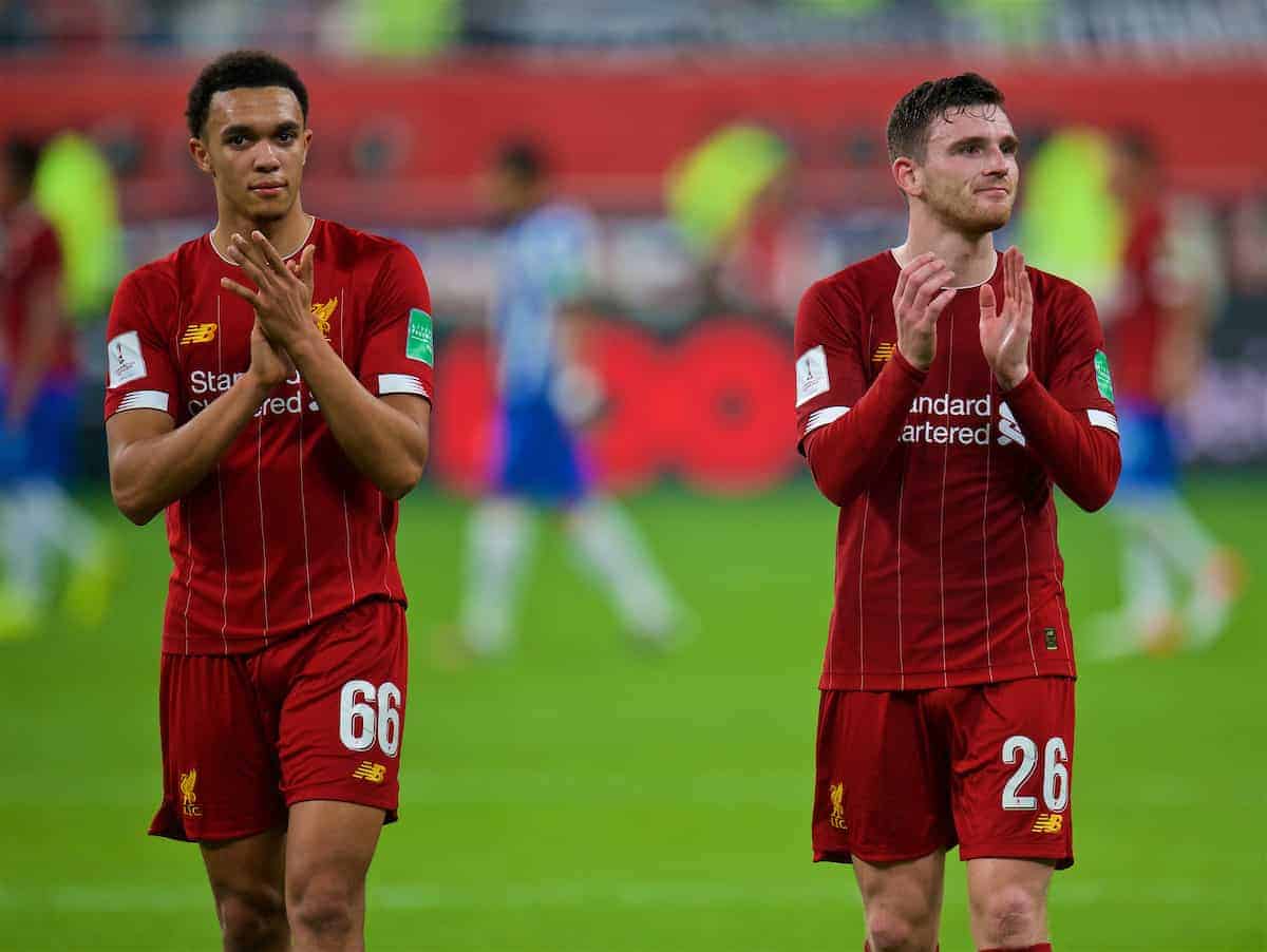 DOHA, QATAR - Wednesday, December 18, 2019: Liverpool's Trent Alexander-Arnold (L) and Andy Robertson celebrate after the FIFA Club World Cup Qatar 2019 Semi-Final match between CF Monterrey and Liverpool FC at the Khalifa Stadium. Liverpool won 2-1. (Pic by Peter Powell/Propaganda)