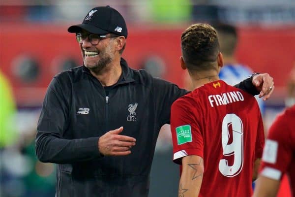 DOHA, QATAR - Wednesday, December 18, 2019: Liverpool's manager Jürgen Klopp (R) celebrates with match-winning goal-scorer Roberto Firmino after the FIFA Club World Cup Qatar 2019 Semi-Final match between CF Monterrey and Liverpool FC at the Khalifa Stadium. Liverpool won 2-1. (Pic by Peter Powell/Propaganda)