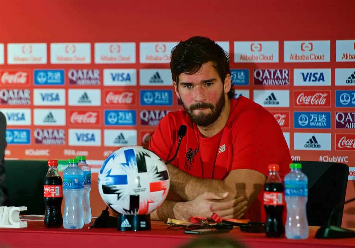 DOHA, QATAR - Friday, December 20, 2019: Liverpool's goalkeeper Alisson Becker during a press conference ahead of the FIFA Club World Cup Qatar 2019 Final match between CR Flamengo and Liverpool FC at the Khalifa Stadium. (Pic by Peter Powell/Propaganda)