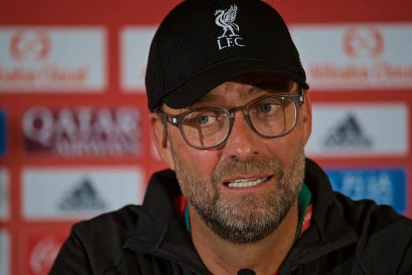 DOHA, QATAR - Friday, December 20, 2019: Liverpool's manager Jürgen Klopp during a press conference ahead of the FIFA Club World Cup Qatar 2019 Final match between CR Flamengo and Liverpool FC at the Khalifa Stadium. (Pic by Peter Powell/Propaganda)