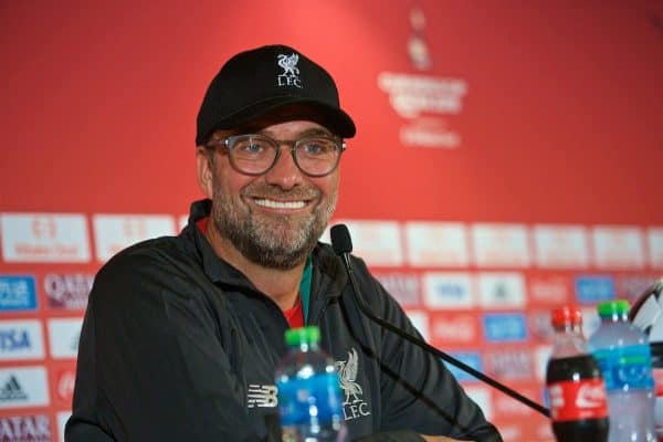 DOHA, QATAR - Friday, December 20, 2019: Liverpool's manager Jürgen Klopp during a press conference ahead of the FIFA Club World Cup Qatar 2019 Final match between CR Flamengo and Liverpool FC at the Khalifa Stadium. (Pic by Peter Powell/Propaganda)