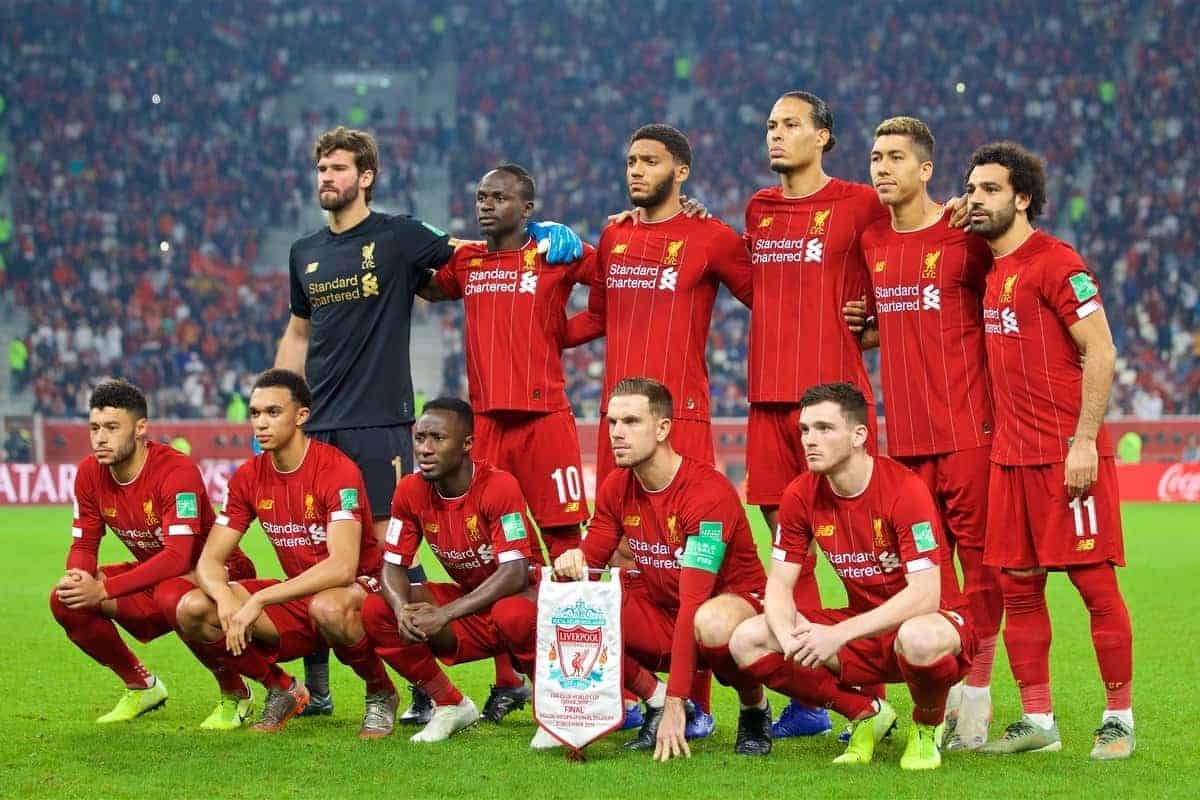 DOHA, QATAR - Saturday, December 21, 2019: Liverpool's players line-up for a team group photograph before during the FIFA Club World Cup Qatar 2019 Final match between CR Flamengo and Liverpool FC at the Khalifa Stadium. Back row L-R: goalkeeper Alisson Becker, Said Mané, Joe Gomez, Virgil van Dijk, Roberto Firmino, Mohamed Salah. Front row L-R: Alex Oxlade-Chamberlain, Trent Alexander-Arnold, Naby Keita, captain Jordan Henderson, Andy Robertson. (Pic by David Rawcliffe/Propaganda)