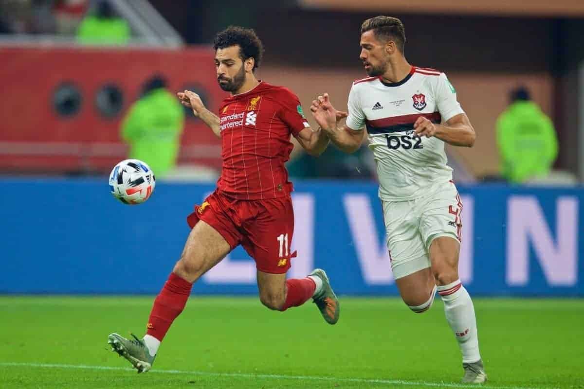 DOHA, QATAR - Saturday, December 21, 2019: Liverpool's Mohamed Salah (L) and CR Flamengo's Pablo Marí during the FIFA Club World Cup Qatar 2019 Final match between CR Flamengo and Liverpool FC at the Khalifa Stadium. (Pic by David Rawcliffe/Propaganda)