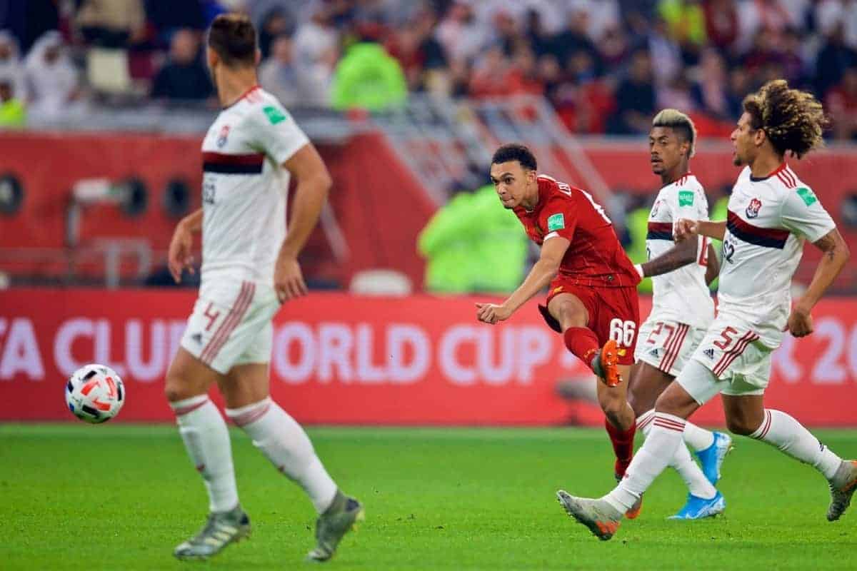 DOHA, QATAR - Saturday, December 21, 2019: Liverpool's Trent Alexander-Arnold shoots during the FIFA Club World Cup Qatar 2019 Final match between CR Flamengo and Liverpool FC at the Khalifa Stadium. (Pic by David Rawcliffe/Propaganda)