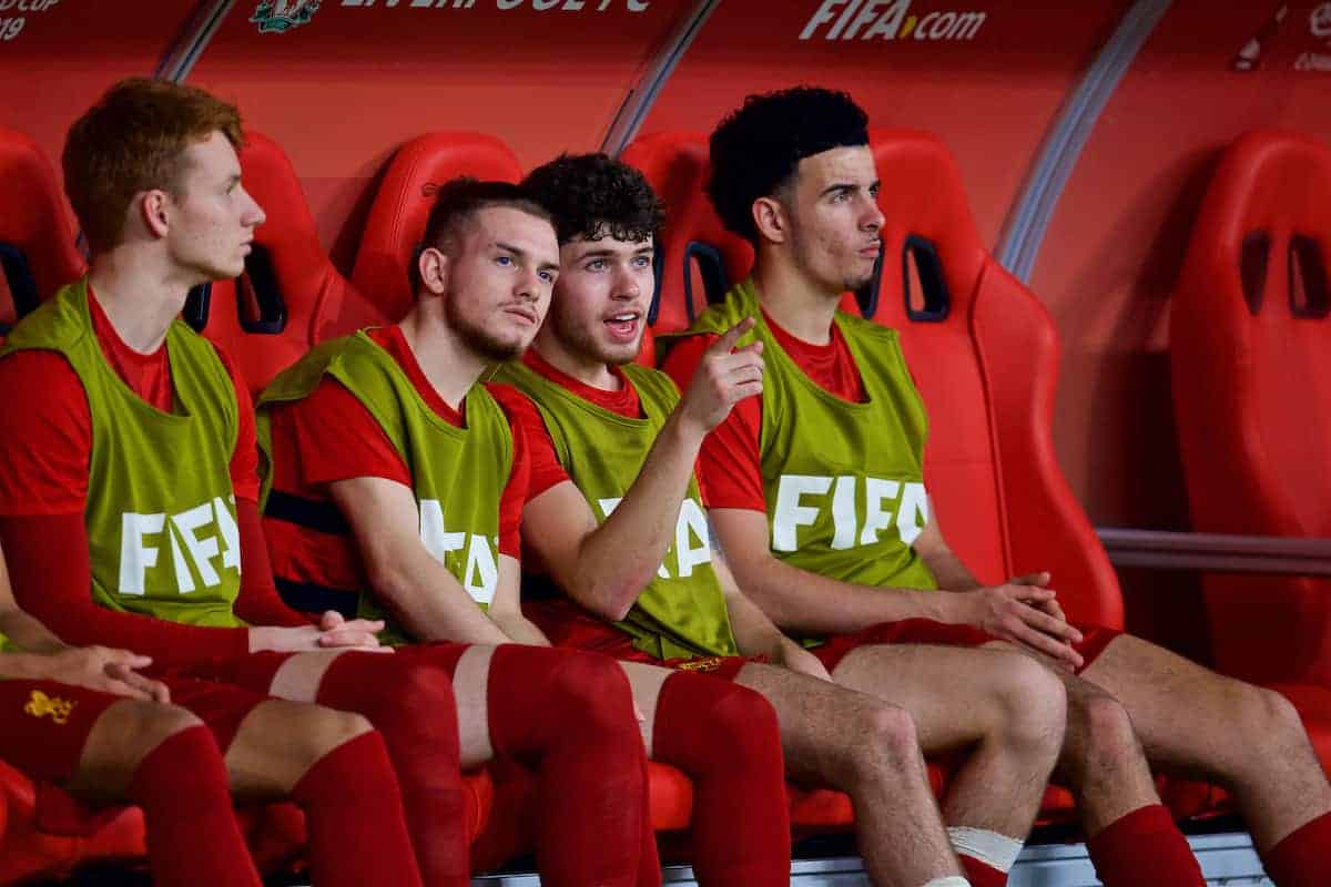 DOHA, QATAR - Saturday, December 21, 2019: Liverpool substitutes before the FIFA Club World Cup Qatar 2019 Final match between CR Flamengo and Liverpool FC at the Khalifa Stadium. (Pic by David Rawcliffe/Propaganda)