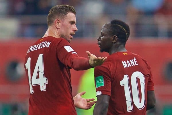 DOHA, QATAR - Saturday, December 21, 2019: Liverpool's captain Jordan Henderson (L) speaks with Sadio Mané during the FIFA Club World Cup Qatar 2019 Final match between CR Flamengo and Liverpool FC at the Khalifa Stadium. (Pic by David Rawcliffe/Propaganda)