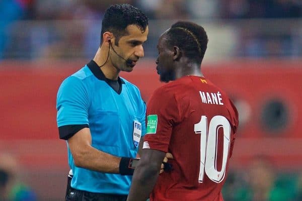 DOHA, QATAR - Saturday, December 21, 2019: Liverpool's Sadio Mané speaks with the referee Abdulrahman Al Jassim during the FIFA Club World Cup Qatar 2019 Final match between CR Flamengo and Liverpool FC at the Khalifa Stadium. (Pic by David Rawcliffe/Propaganda)