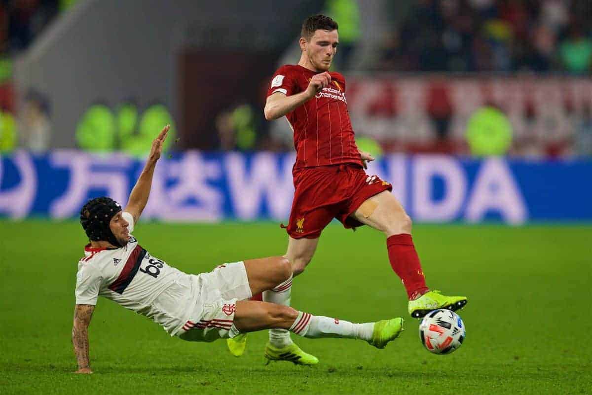 DOHA, QATAR - Saturday, December 21, 2019: Liverpool's Andy Robertson is tackled by CR Flamengo's Rafael Alcântara do Nascimento 'Rafinha' during the FIFA Club World Cup Qatar 2019 Final match between CR Flamengo and Liverpool FC at the Khalifa Stadium. (Pic by David Rawcliffe/Propaganda)