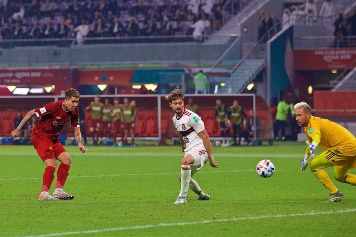 DOHA, QATAR - Saturday, December 21, 2019: Liverpool's Roberto Firmino celebrates scoring the first goal in extra time during the FIFA Club World Cup Qatar 2019 Final match between CR Flamengo and Liverpool FC at the Khalifa Stadium. (Pic by David Rawcliffe/Propaganda)