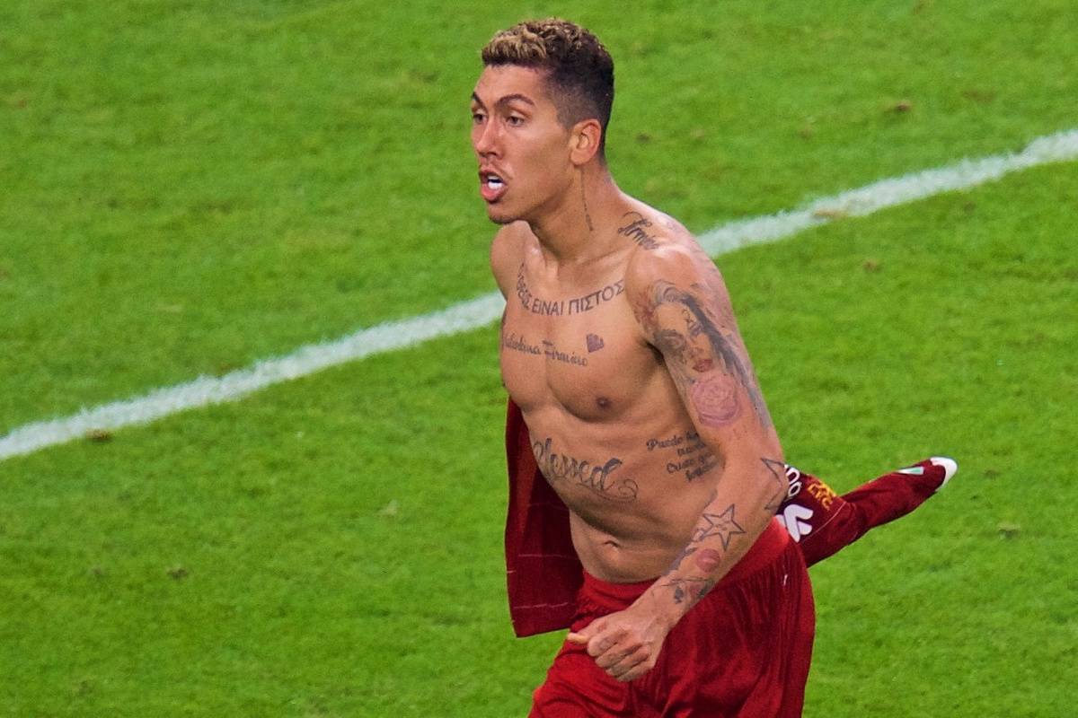 DOHA, QATAR - Saturday, December 21, 2019: Liverpool's Roberto Firmino scores the first goal during the FIFA Club World Cup Qatar 2019 Final match between CR Flamengo and Liverpool FC at the Khalifa Stadium. (Pic by Peter Powell/Propaganda)