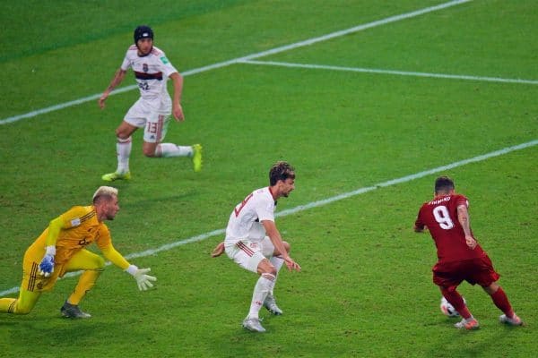 DOHA, QATAR - Saturday, December 21, 2019: Liverpool's Roberto Firmino scores the first goal during the FIFA Club World Cup Qatar 2019 Final match between CR Flamengo and Liverpool FC at the Khalifa Stadium. (Pic by Peter Powell/Propaganda)