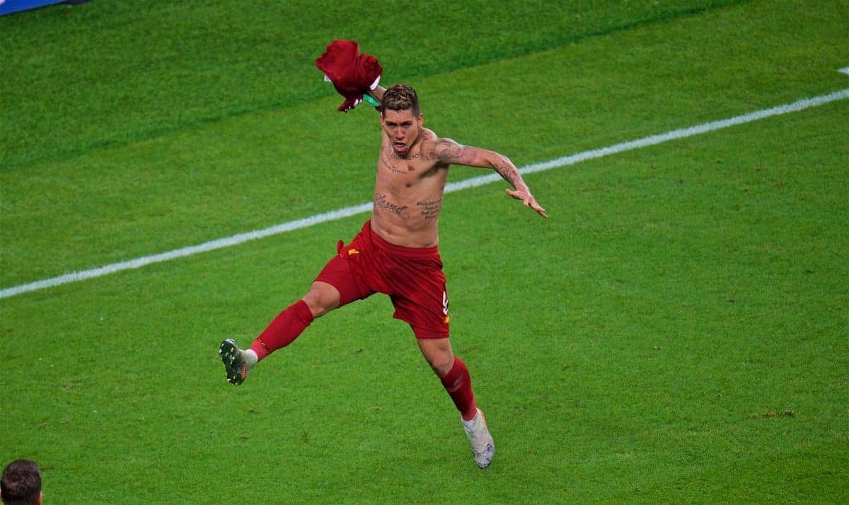 DOHA, QATAR - Saturday, December 21, 2019: Liverpool's Roberto Firmino scores the first goal during the FIFA Club World Cup Qatar 2019 Final match between CR Flamengo and Liverpool FC at the Khalifa Stadium. (Pic by Peter Powell/Propaganda)