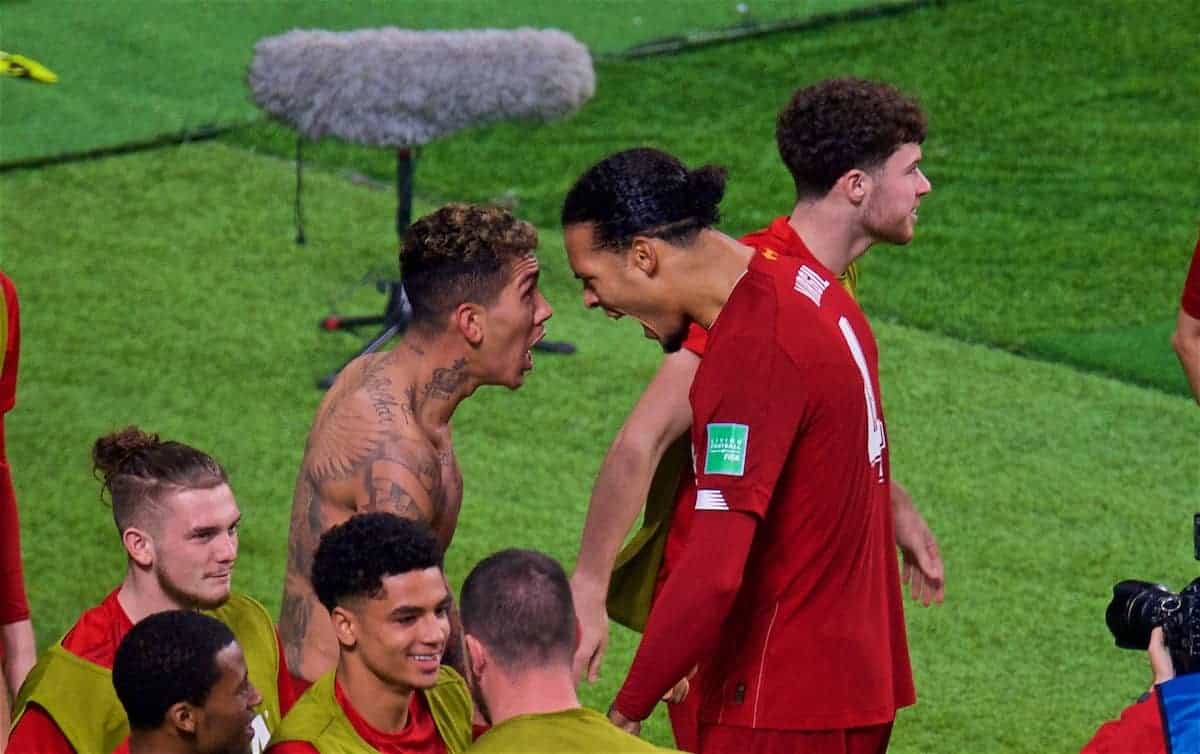 DOHA, QATAR - Saturday, December 21, 2019: Liverpool's Roberto Firmino (L) celebrates scoring the first goal with team-mate Virgil van Dijk during the FIFA Club World Cup Qatar 2019 Final match between CR Flamengo and Liverpool FC at the Khalifa Stadium. (Pic by Peter Powell/Propaganda)