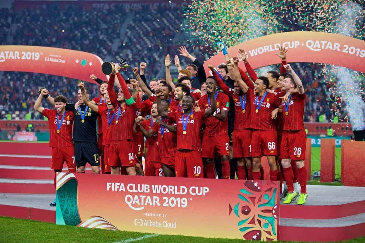 DOHA, QATAR - Saturday, December 21, 2019: Liverpool's captain Jordan Henderson lifts FIFA Club World Cup trophy after the FIFA Club World Cup Qatar 2019 Final match between CR Flamengo and Liverpool FC at the Khalifa Stadium. Liverpool won 1-0. (Pic by David Rawcliffe/Propaganda)