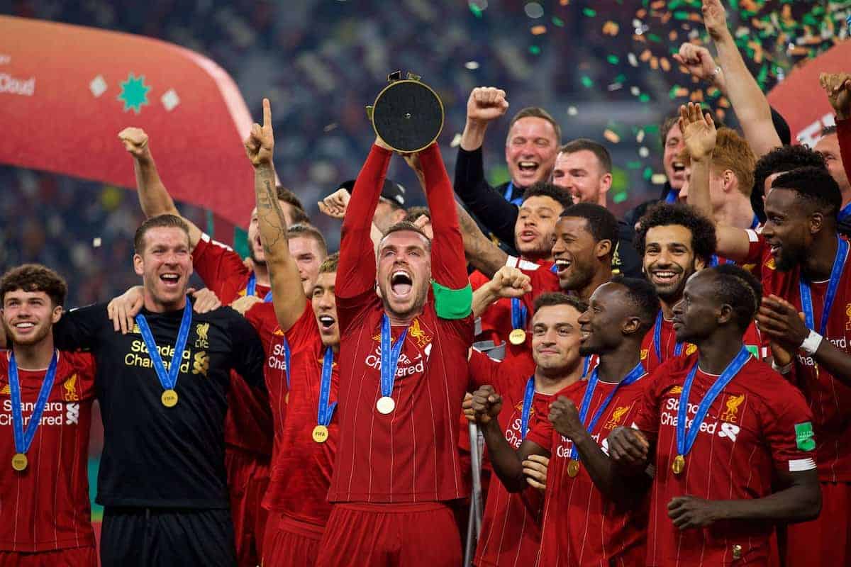 DOHA, QATAR - Saturday, December 21, 2019: Liverpool's captain Jordan Henderson lifts FIFA Club World Cup trophy after the FIFA Club World Cup Qatar 2019 Final match between CR Flamengo and Liverpool FC at the Khalifa Stadium. Liverpool won 1-0. (Pic by David Rawcliffe/Propaganda)