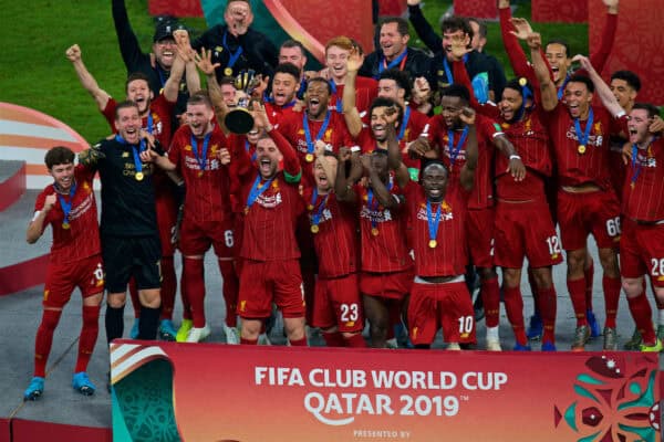 DOHA, QATAR - Saturday, December 21, 2019: Liverpool's captain Jordan Henderson lifts FIFA Club World Cup trophy after the FIFA Club World Cup Qatar 2019 Final match between CR Flamengo and Liverpool FC at the Khalifa Stadium. Liverpool won 1-0. (Pic by Peter Powell/Propaganda)